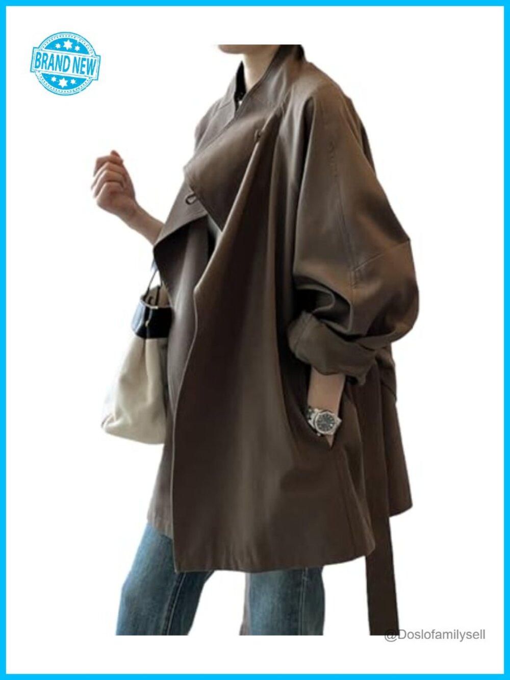 Women's Open Front Trench Coat Stand Collar Loose Belted Windproof Fall